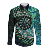 New Zealand Darts Personalised Long Sleeve Button Shirt Aotearoa Silver Fern Green Papua Shell Spirit