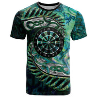 New Zealand Darts Personalised T Shirt Aotearoa Silver Fern Green Papua Shell Spirit
