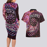 New Zealand Darts Personalised Couples Matching Long Sleeve Bodycon Dress and Hawaiian Shirt Aotearoa Silver Fern Pink Papua Shell Spirit