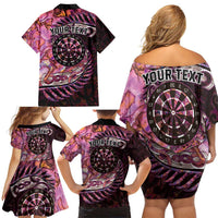 New Zealand Darts Personalised Family Matching Off Shoulder Short Dress and Hawaiian Shirt Aotearoa Silver Fern Pink Papua Shell Spirit