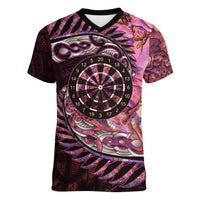 New Zealand Darts Personalised Women V-Neck T-Shirt Aotearoa Silver Fern Pink Papua Shell Spirit