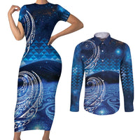 New Zealand Matariki Couples Matching Short Sleeve Bodycon Dress and Long Sleeve Button Shirt Taniko Aramoana With Koru Galaxy Sky Night