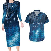 New Zealand Matariki Couples Matching Long Sleeve Bodycon Dress and Hawaiian Shirt Taniko Aramoana With Maori Galaxy Sky Night