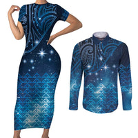 New Zealand Matariki Couples Matching Short Sleeve Bodycon Dress and Long Sleeve Button Shirt Taniko Aramoana With Maori Galaxy Sky Night