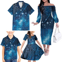 New Zealand Matariki Family Matching Off The Shoulder Long Sleeve Dress and Hawaiian Shirt Taniko Aramoana With Maori Galaxy Sky Night