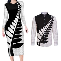 New Zealand Silver Fern Niho Taniwha Couples Matching Long Sleeve Bodycon Dress and Long Sleeve Button Shirt