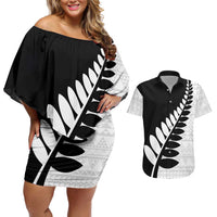 New Zealand Silver Fern Niho Taniwha Couples Matching Off Shoulder Short Dress and Hawaiian Shirt