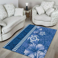 Blue Hibiscus Turle Area Rug Hawaiian Style Tribal Tapa Pattern