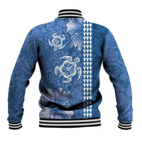 Blue Hibiscus Turle Baseball Jacket Hawaiian Style Tribal Tapa Pattern