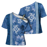 Blue Hibiscus Turle Cross Shoulder Shirt Hawaiian Style Tribal Tapa Pattern - Polynesian Pride