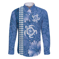 Blue Hibiscus Turle Family Matching Off The Shoulder Long Sleeve Dress and Hawaiian Shirt Hawaiian Style Tribal Tapa Pattern