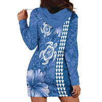 Blue Hibiscus Turle Hoodie Dress Hawaiian Style Tribal Tapa Pattern
