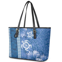 Blue Hibiscus Turle Leather Tote Bag Hawaiian Style Tribal Tapa Pattern