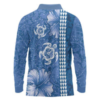 Blue Hibiscus Turle Long Sleeve Polo Shirt Hawaiian Style Tribal Tapa Pattern