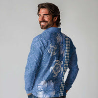 Blue Hibiscus Turle Long Sleeve Polo Shirt Hawaiian Style Tribal Tapa Pattern
