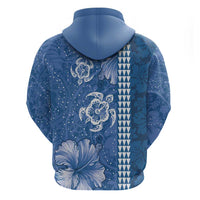 Blue Hibiscus Turle Zip Hoodie Hawaiian Style Tribal Tapa Pattern