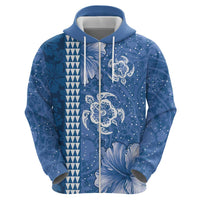 Blue Hibiscus Turle Zip Hoodie Hawaiian Style Tribal Tapa Pattern