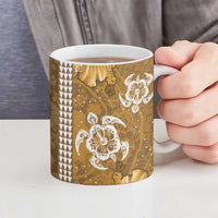 Gold Hibiscus Turle Ceramic Mug Hawaiian Style Tribal Tapa Pattern - Polynesian Pride