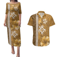 Gold Hibiscus Turle Couples Matching Puletasi and Hawaiian Shirt Hawaiian Style Tribal Tapa Pattern