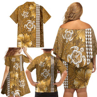 Gold Hibiscus Turle Family Matching Off Shoulder Short Dress and Hawaiian Shirt Hawaiian Style Tribal Tapa Pattern