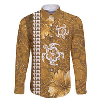 Gold Hibiscus Turle Family Matching Off Shoulder Short Dress and Hawaiian Shirt Hawaiian Style Tribal Tapa Pattern