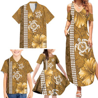 Gold Hibiscus Turle Family Matching Summer Maxi Dress and Hawaiian Shirt Hawaiian Style Tribal Tapa Pattern
