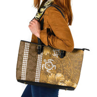 Gold Hibiscus Turle Leather Tote Bag Hawaiian Style Tribal Tapa Pattern