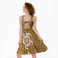 Gold Hibiscus Turle Midi Dress Hawaiian Style Tribal Tapa Pattern - Polynesian Pride