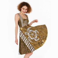 Gold Hibiscus Turle Midi Dress Hawaiian Style Tribal Tapa Pattern - Polynesian Pride