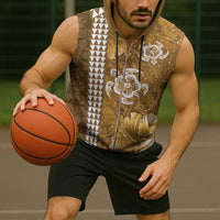 Gold Hibiscus Turle Sleeveless Zip Hoodie Hawaiian Style Tribal Tapa Pattern - Polynesian Pride