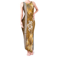 Gold Hibiscus Turle Tank Maxi Dress Hawaiian Style Tribal Tapa Pattern