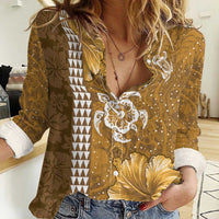 Gold Hibiscus Turle Women Casual Shirt Hawaiian Style Tribal Tapa Pattern