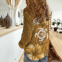 Gold Hibiscus Turle Women Casual Shirt Hawaiian Style Tribal Tapa Pattern