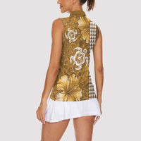 Gold Hibiscus Turle Women Sleeveless Polo Shirt Hawaiian Style Tribal Tapa Pattern