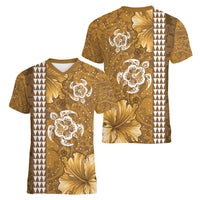 Gold Hibiscus Turle Women V-Neck T-Shirt Hawaiian Style Tribal Tapa Pattern