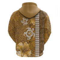 Gold Hibiscus Turle Zip Hoodie Hawaiian Style Tribal Tapa Pattern