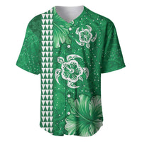Green Hibiscus Turle Baseball Jersey Hawaiian Style Tribal Tapa Pattern
