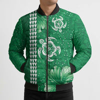 Green Hibiscus Turle Bomber Puffer Jacket Hawaiian Style Tribal Tapa Pattern - Polynesian Pride