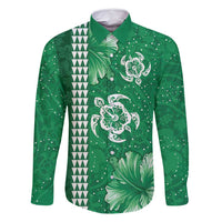 Green Hibiscus Turle Family Matching Mermaid Dress and Hawaiian Shirt Hawaiian Style Tribal Tapa Pattern LT9 Dad's Shirt - Long Sleeve Green - Polynesian Pride