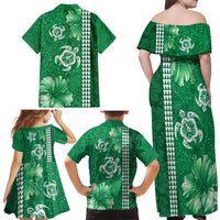 Green Hibiscus Turle Family Matching Off Shoulder Maxi Dress and Hawaiian Shirt Hawaiian Style Tribal Tapa Pattern