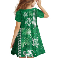 Green Hibiscus Turle Kid Short Sleeve Dress Hawaiian Style Tribal Tapa Pattern