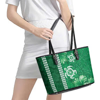 Green Hibiscus Turle Leather Tote Bag Hawaiian Style Tribal Tapa Pattern