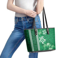 Green Hibiscus Turle Leather Tote Bag Hawaiian Style Tribal Tapa Pattern