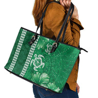 Green Hibiscus Turle Leather Tote Bag Hawaiian Style Tribal Tapa Pattern