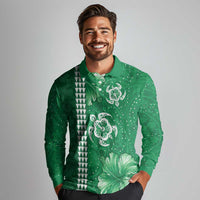 Green Hibiscus Turle Long Sleeve Polo Shirt Hawaiian Style Tribal Tapa Pattern