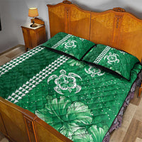 Green Hibiscus Turle Quilt Bed Set Hawaiian Style Tribal Tapa Pattern
