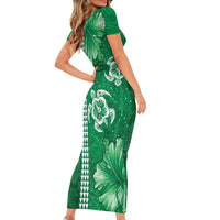 Green Hibiscus Turle Short Sleeve Bodycon Dress Hawaiian Style Tribal Tapa Pattern