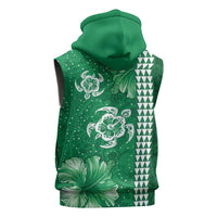 Green Hibiscus Turle Sleeveless Hoodie Hawaiian Style Tribal Tapa Pattern - Polynesian Pride