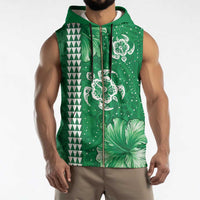 Green Hibiscus Turle Sleeveless Zip Hoodie Hawaiian Style Tribal Tapa Pattern - Polynesian Pride