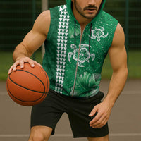 Green Hibiscus Turle Sleeveless Zip Hoodie Hawaiian Style Tribal Tapa Pattern - Polynesian Pride